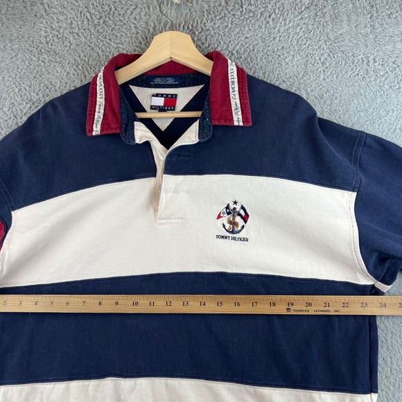 Vintage Tommy Hilfiger Rugby Shirt XL Navy Cream Striped Mens - Picture 9 of 11
